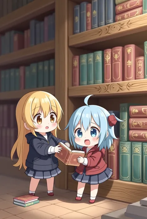 2 person Chibi pose finding book on the bookshelf 