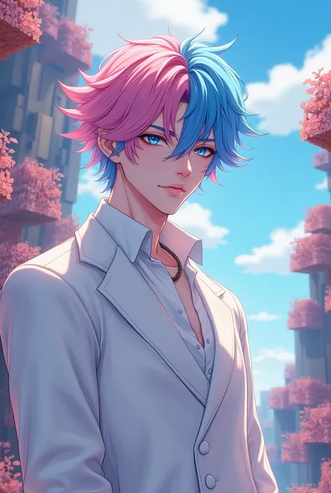 make fanart of a male character with pink and blue hair wearing white clothes with a minecraft rendering background