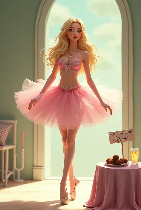 Green-eyed blonde ballerina with a pink tutu and a sign that says (Congratulations Yenni ) and a glass of caipirinha and a plate with brigadeiros on a table 