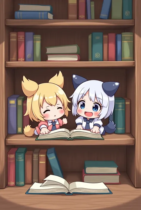 2 person Chibi pose finding book on the bookshelf 