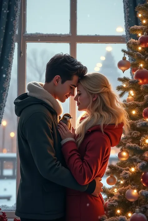 
You think of a night scene .  A man with black hair and a woman with blond hair ,  hug each other in front of a large window .  There is a baby bird that the woman gently holds in her palm .  A Christmas tree stands next to it decorated .  A city that sno...