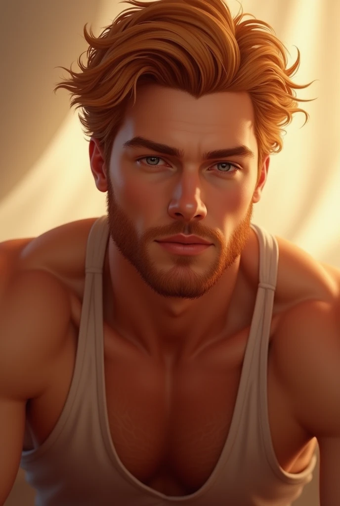 Light red-haired man ,handsome and muscular. He has a blonde beard and is romantic

