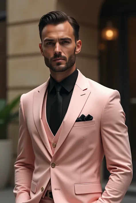 man in cream-pink suit, black shirt and black tie 