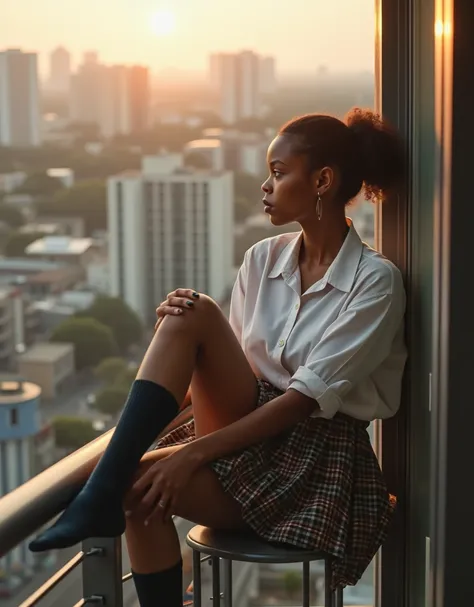 An 18-year-old Afro-descendant woman in school girl attire (plaid skirt, button-up blouse, knee-high socks) seated on a balcony overlooking a cityscape. The shot is from above, capturing her relaxed posture with her feet up on the railing and her arms rest...