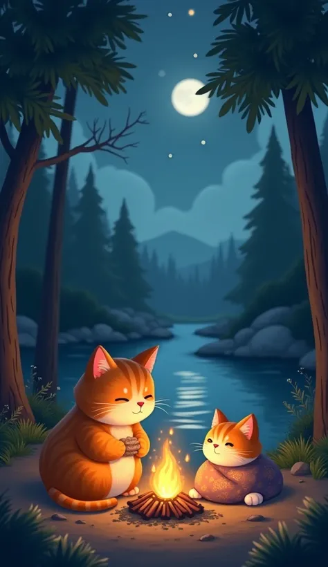 "The father cat is lighting a small campfire with sticks while the orange-and-white cat snuggles close, wrapped in a tiny blanket near the glowing flames. The river flows gently in the background under the moonlight, with tall trees framing the serene sett...