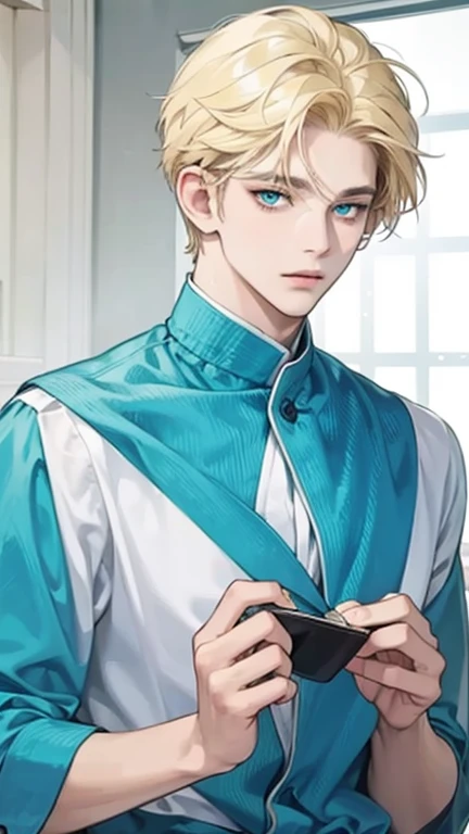 Masterpiece, best quality, solo, 1 male, short hair, turquoise eyes, blond hair, blue clothes