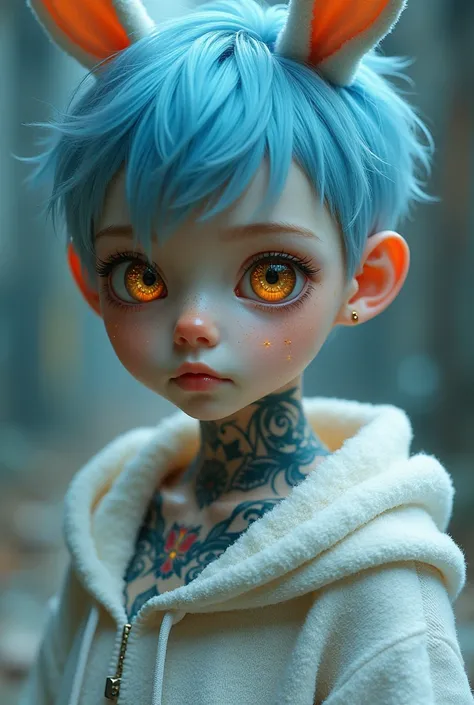 Pale white male. 18 year old Boy. Baby blue incubus cyberpunk style Tattoos on arms and chest. Mesh white see through shirt. Short buzz cut boy fluffy blue hair. Round gold glasses. Big pearl eyes with gold sparkles for freckles on face. Cute pose, with ba...