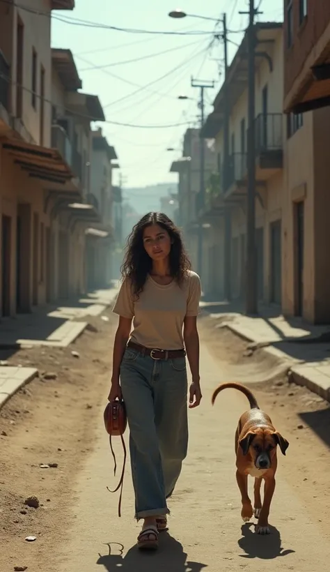  An urban landscape from the 60s , in a Peruvian city ,  from dusty streets and worn buildings . in the center, a young woman with a melancholic expression walks down the street,  while a dog follows her from behind .  She looks sad ,  as if she were looki...