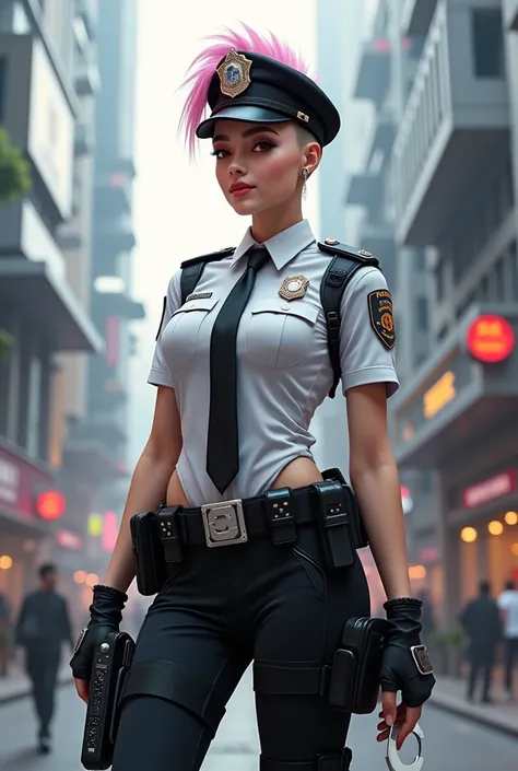 Maya | woman | 21 years old | Female police costume composed of white shirt with black details, black tactical pants, black seat belt with silver details, black tactical shoes and black police cap. Safe and functional style. Accessories: black tie, handcuf...