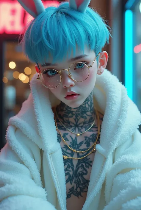 Pale white male. 18 year old male. Baby blue incubus cyberpunk style Tattoos on arms and chest. Mesh white see through shirt. Short buzz cut boy fluffy blue hair. Round gold glasses. Big pearl eyes with gold sparkles for freckles on face. Cute pose, with b...