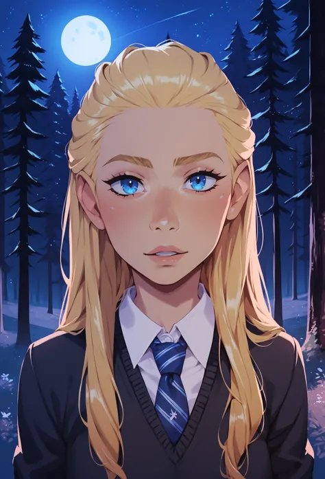 score_9, score_8_up, BREAK, LunaLovegood, 1girl, solo, blonde hair, long hair, blue eyes, necktie, white shirt, black sweater, school uniform, hogwarts school uniform, upper body, looking at viewer, forest, night,
