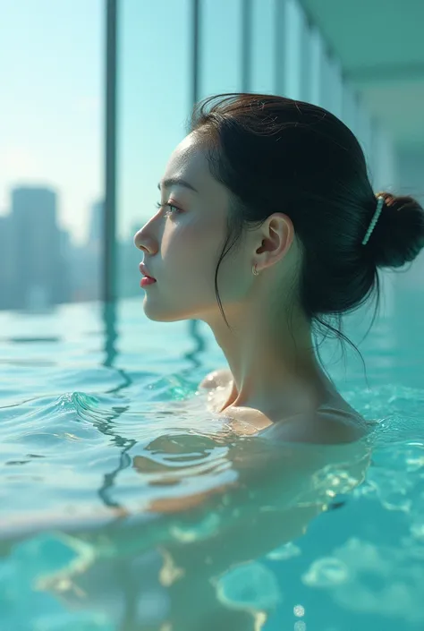 A high-rise building with floors made entirely of transparent material, a woman swimming in a transparent pool, everything is transparent, a transparent world, city scape can be seen behind the transparent glass underwater,
detailed face, 
(from side)
