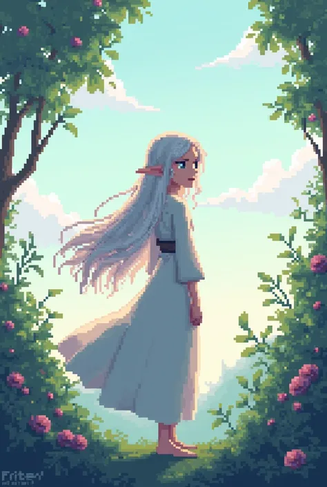 can you make character pixel and background beautiful and chill, character is frieren from anime