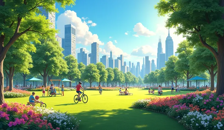 "A vibrant city park on a sunny day, filled with colorful flowers, tall trees, and neatly trimmed grass. The park is bustling with people riding bicycles, ren playing on swings and slides, and families enjoying picnics. The bright blue sky is dotted with f...