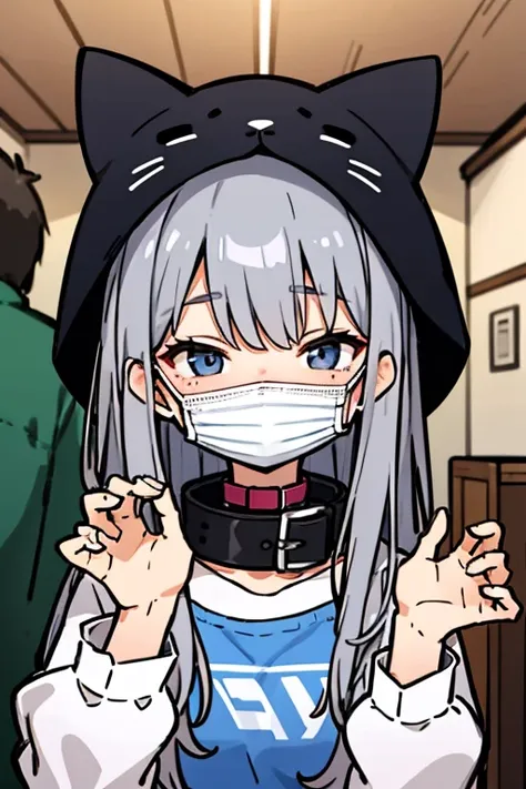  Young girl,  plush full face mask, One,  long hair,  looks at the viewer,  upper body , bang,  grey hair, cat collar ,  shirt , homemade mask , (pet pose), hidden face,  hidden eyes , hidden nose , (( masquerade face mask))