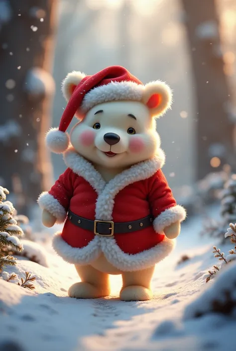 Create me images of Winnie the Pooh thinking that Winnie the Pooh is white and that he is dressed as Santa Claus