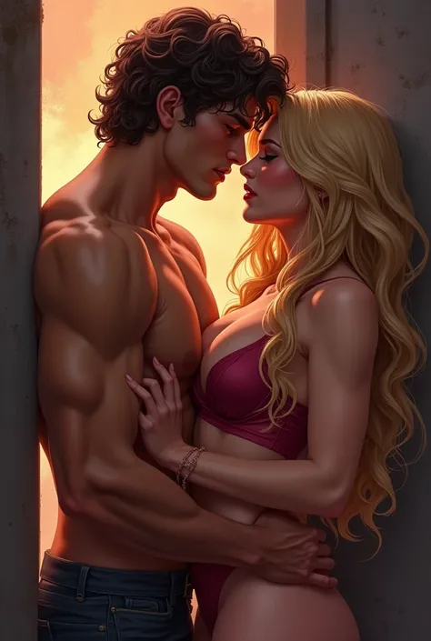  Illustration of a 20-year-old couple . the boy is muscular, high, brown curly hair,  she has a tight black shirt and jeans .  The girl has very long blond hair ,  her eyes are brown and her lips are thick , She has a tight dress ,  the girl has big hips a...