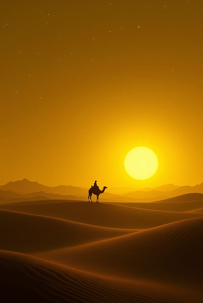 Generate a high quality image of a desert night but sky is a bit yellow due to moonlight with a camel in sight from far make the sky yellow but still give the night effect