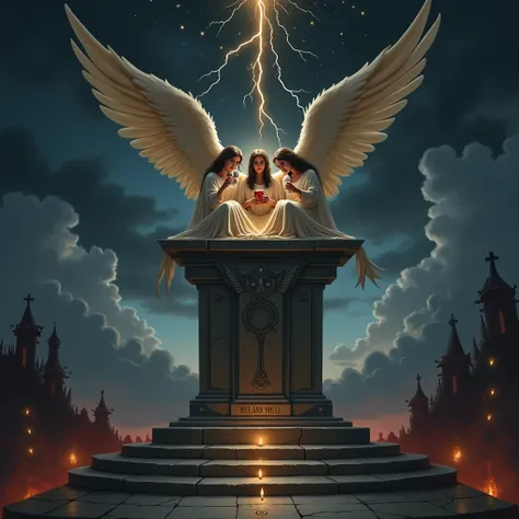 Uma homenagem visual ao álbum Heaven and Hell da banda Black Sabbath,  capturing its dark and enigmatic atmosphere with symbolic elements of the cover and music.  The image shows a twilight sky divided in two :  a side with dark clouds and lightning ,  rep...