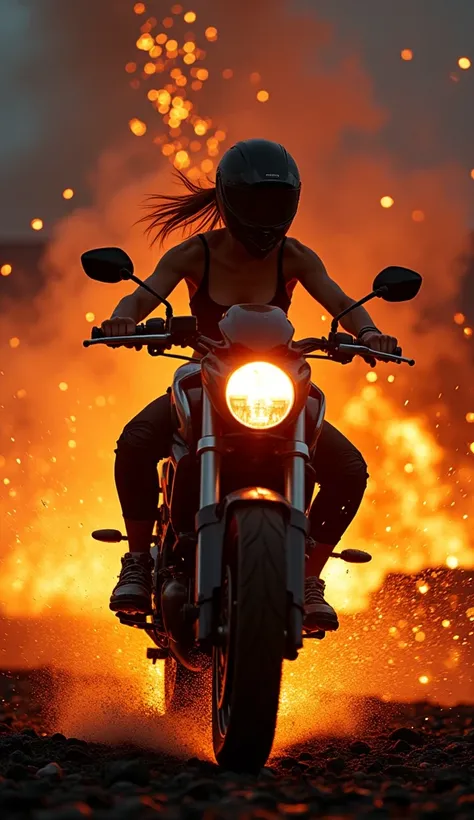 Uhd, hyper realistic frontal 3/4 wide shot . A young 27 years old woman biker does a wheelie with her sport  motirbike coming down frona vokcano. She surfs throug the lava  The biker hairs are moving for the wind. She wears a sexy  sleeveless top and motor...