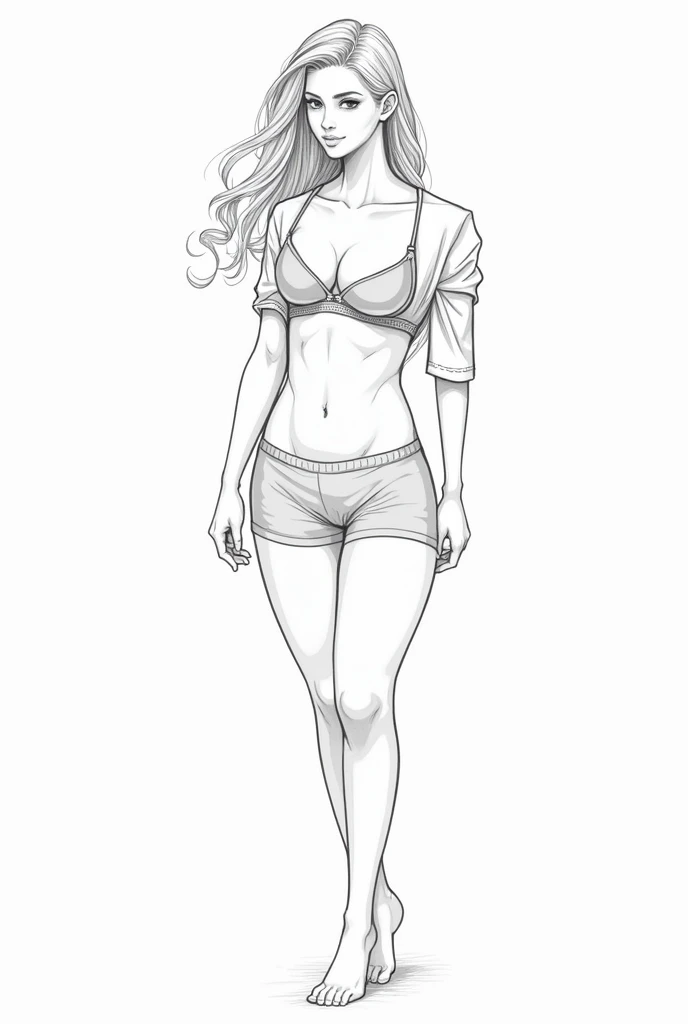 Draw a  woman without a blouse with only a bra and shorts 