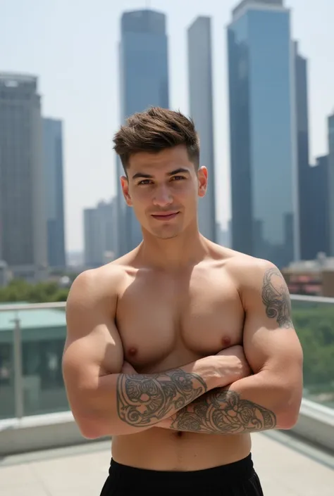   Portrait of a handsome and athletic man .  Buz haircut age 20.  shirtless ,  dress pants .  Both Arms tattooed,  clear sky , terrace,  skyscraper . He smiles and raises an eyebrow slightly 