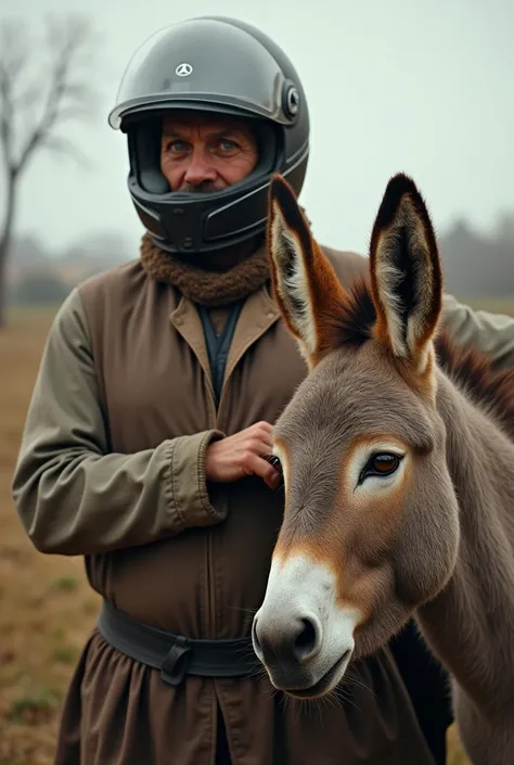  Peasant with motorcycle helmet, with a donkey next to 