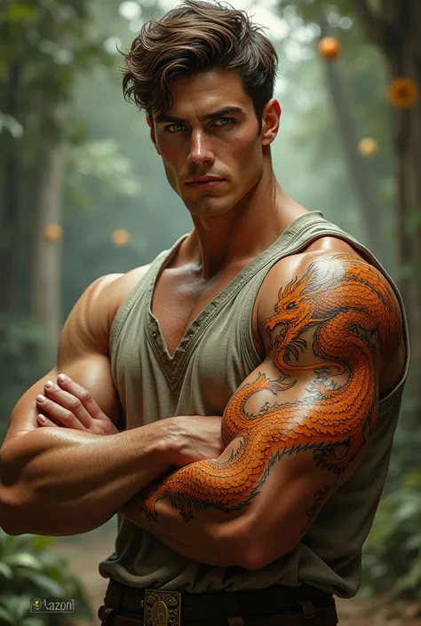 muscular young man with short brown hair, handsome, He has very bright green eyes with an orange dragon tattoo that covers his entire left arm, with medieval costume with shirt