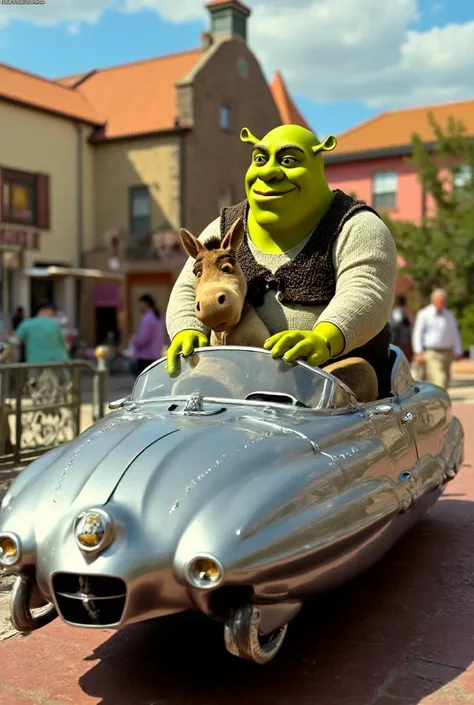 Shreq and his friend donkey going for shopping on a feralli crassic car