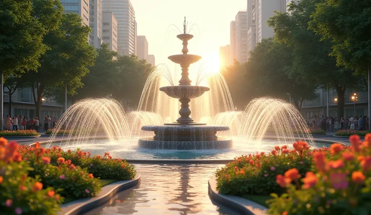 "A stunning fountain in the center of a lively city park, surrounded by bright flowers in full bloom and vibrant green bushes. The water sparkles as sunlight hits the cascading streams, creating small rainbows. Nearby, people are riding bicycles and enjoyi...