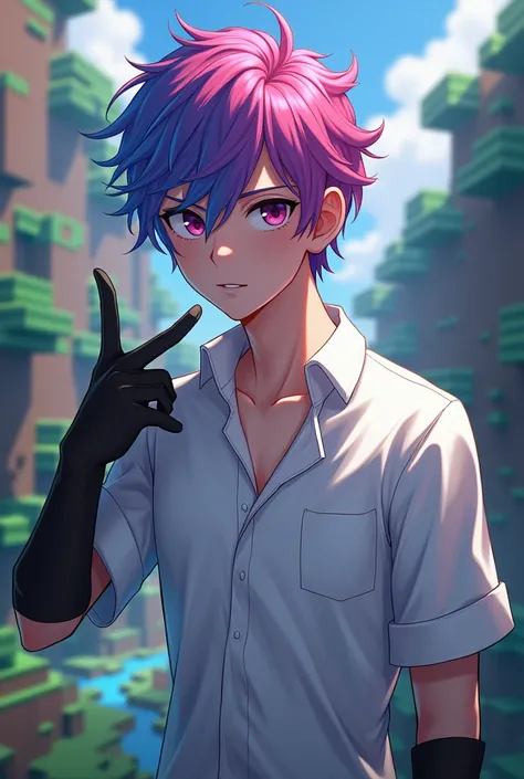 make fanart of a male character with pink and blue hair wearing a white shirt with a black left hand on minecraft render background
