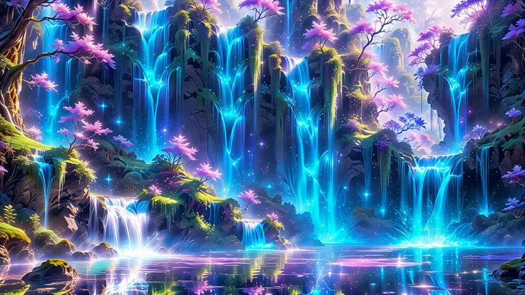 A Masterpiece In 32K Resolution, Supreme Quality, Super Detail, Official Art, Very High-Resolution 32K Wallpaper, Beautiful And Aesthetic, Ultra-Detailed Features, Awe-Inspiring Detail. A Towering Waterfall That Appears To Flow Directly From The Stars Abov...