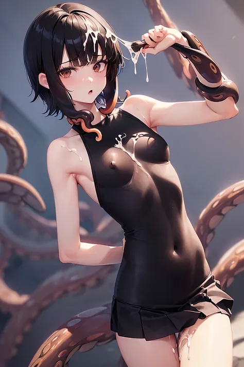 masterpiece, best quality,anime style, 1 girl,(((slender body))), (((small breast))),(((tennis uniform))), (beautiful face),((((brown penis tentacles bound the girl))),((((cum)))), (((short hair))), (((straight hair))), ((((black hair)))),detailed beautifu...