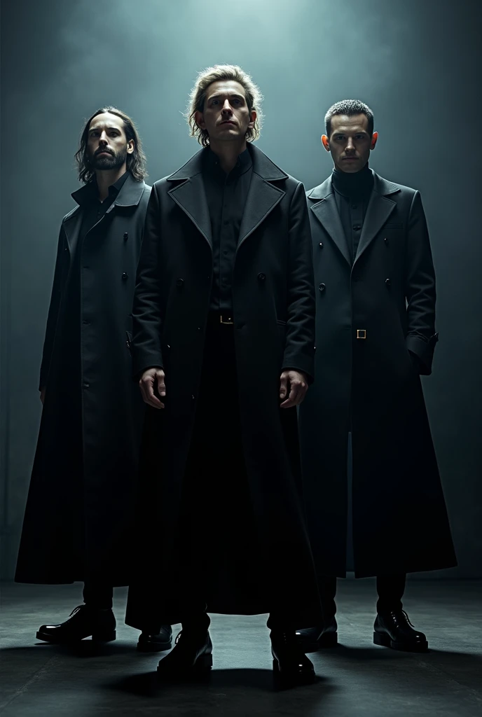 Rock band members with black overcoats