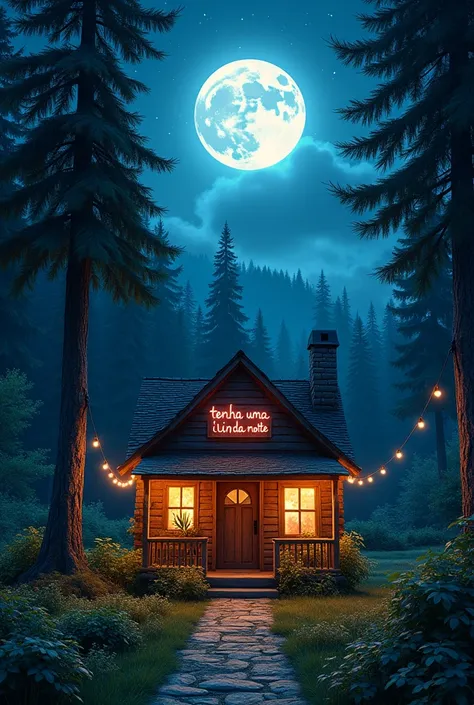 A cozy little house in the forest at night with a beautiful moon written "TENHA UMA LINDA NOITE" in neon