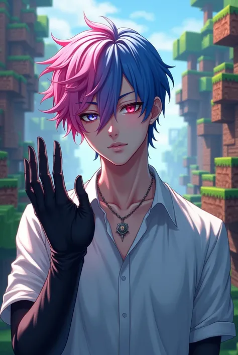 make fanart of a male character with pink and blue hair wearing a white shirt with a black left hand on minecraft render background
