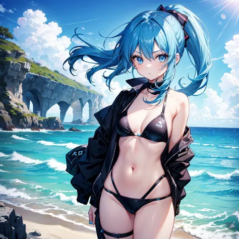 A teenage anime girl stands firm and has a serious look. She has blue hair in a ponytail And tidy and blue eyes.  At the seaside, she wears a black bikini. 
،

