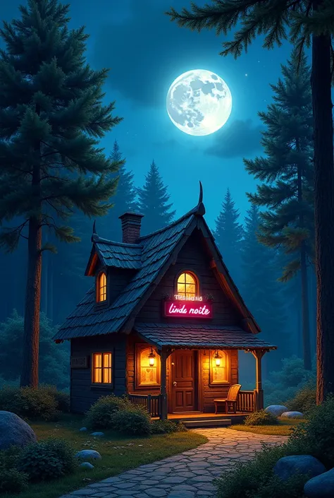 A cozy little house in the forest at night with a beautiful moon written "TENHA UMA LINDA NOITE" in neon