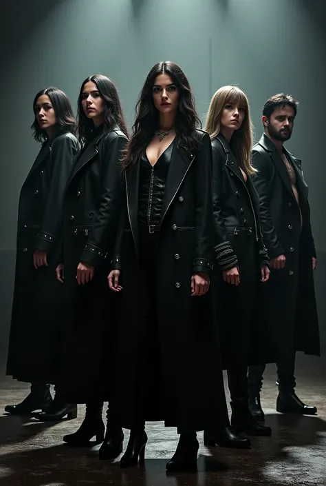  5 members in a rock band with black overcoats, 2 women and 3 men 