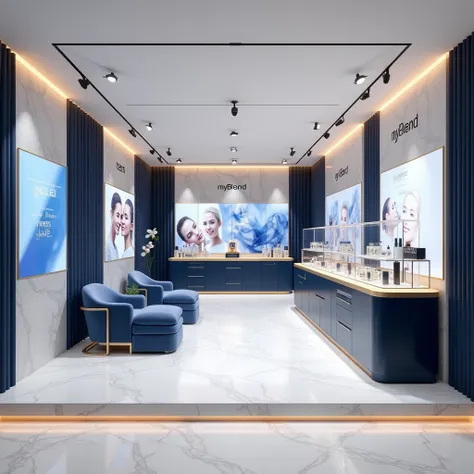 Design the interior of Maison myBlend, as an elegant, luxurious flagship store that embodies the brand’s premium identity. The layout should feature two distinct areas representing myBlends core pillars: the Derma pillar, showcasing traditional skincare pr...