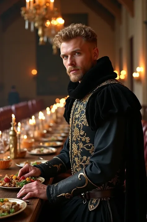 Man Matthew noszka 32 years old, Short curly hairstyle, blondie hair, Van deyke beard,fair skin,blue eyes,defined rectangular chin ,1. 88 tall ,  dressed in a medieval prince costume in the color black in a dining room,a long rectangular table , various ty...