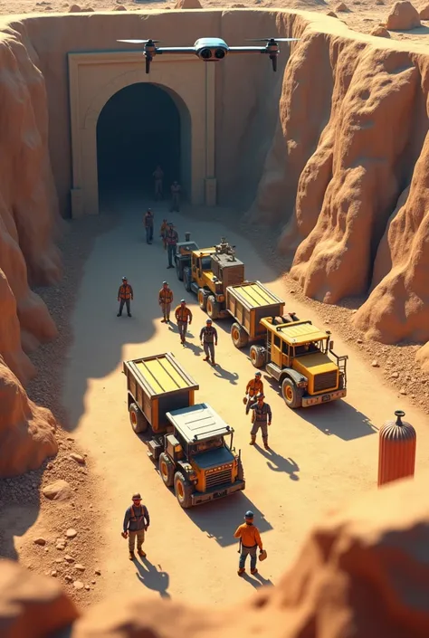 Workers leaving a mine and then going through an X-ray machine to check that the minerals are not being stolen from the mine, that it can be seen from the perspective of a drone and that it is in an animated or charitable style. 