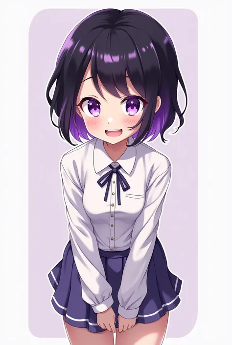 A girl with purple eyes and short black and purple hair in gradient, pale skin in the style of boku no hero academia. Smiling and a full body view