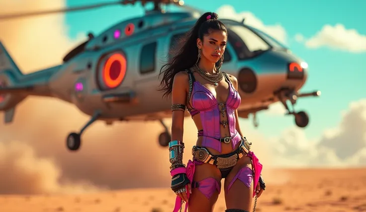 A beautiful Latina dressed in sexy Mad Max rave style clothing, epic rave scene in the desert, inside a dramatically cyberpunk helicopter, highly detailed, 8k, photorealistic, dynamic lighting, vibrant colors, cinematic compositing, dramatic cloud formatio...