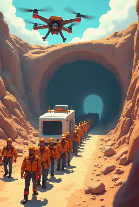 Workers leaving a mine and then going through an X-ray machine to check that the minerals are not being stolen from the mine, that it can be seen from the perspective of a drone and that it is in an animated or charitable style. 