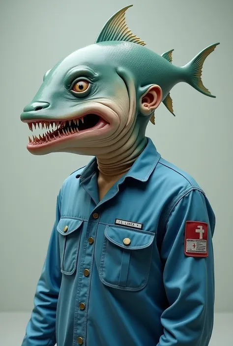  adult man with fish mouth and wearing blue work uniform