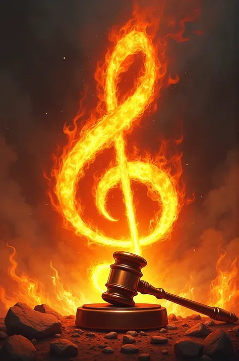 Sketch of a musical clef of the sun in flames or fire with a judges hammer 