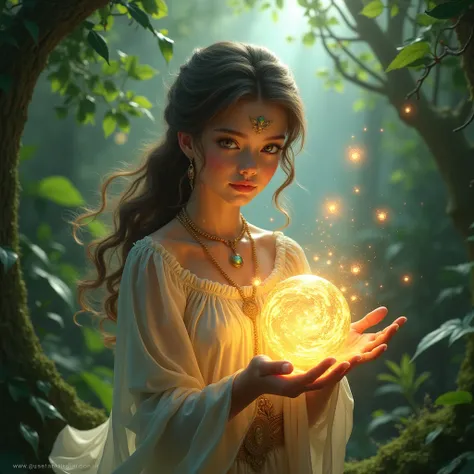 A young beautiful magician girl holds the magic of the earth in front of her