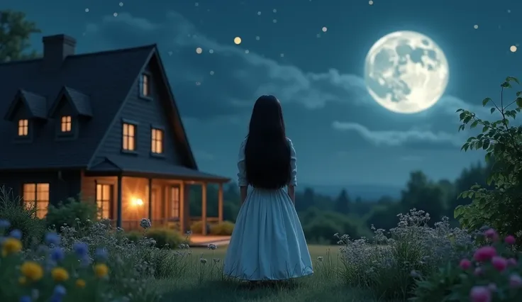  long black-haired beautiful lady doll in a long white wooden dress standing in the front flower garden turning her head looking at the house, Starry night atmosphere and big moonlight , hyper realistic