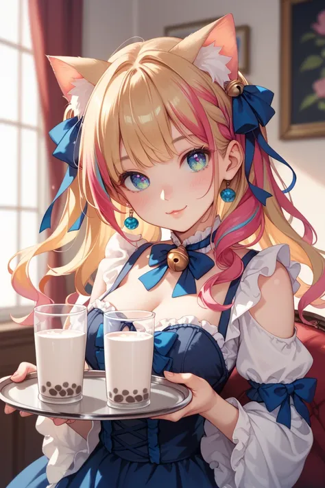  1 girl 、front、whole body、upright、 milk tea colored hair color、Rainbow Eyes、 Lolita fashion holding a round tray、Cat ears、 cute、 shorthair、 soft、A bell ribbon around the neck 